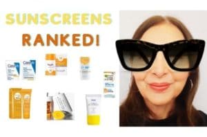 Dez with oversized glasses with wording sunscreens ranked and seven sunscreen bottles beauty by dez